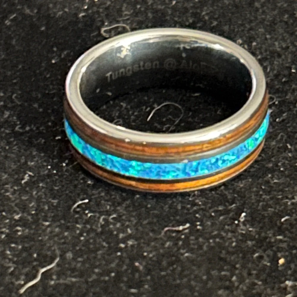 Tungsten Carbide inlaid Hawaiian Koa Wood With Opal Ring Size 9